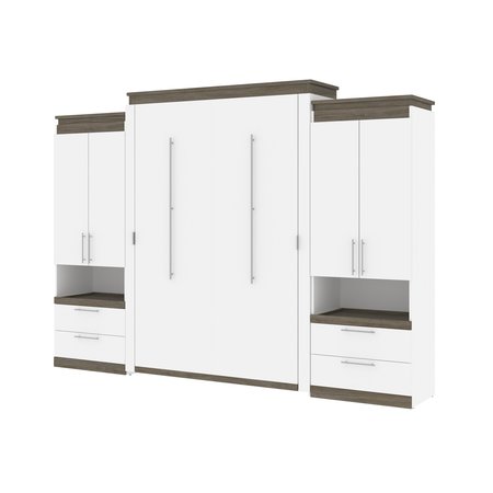 BESTAR Orion 124W Queen Murphy Bed and 2 Storage Cabinets with Pull-Out Shelves (125W), White & Walnut Grey 116870-000017